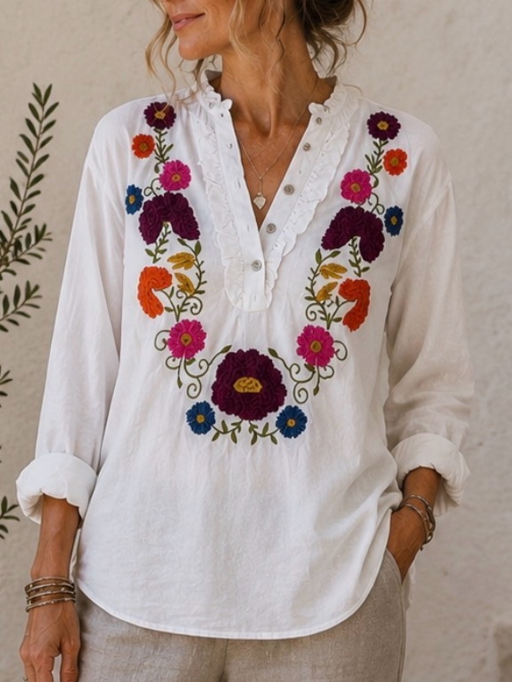 Sister Mary Embroidered white Multicolor floral cotton Top Lagenlook XS